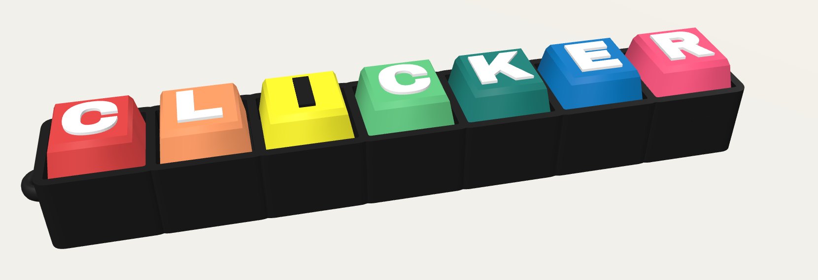 A clicker spelling CLICKER, with a different color on each key